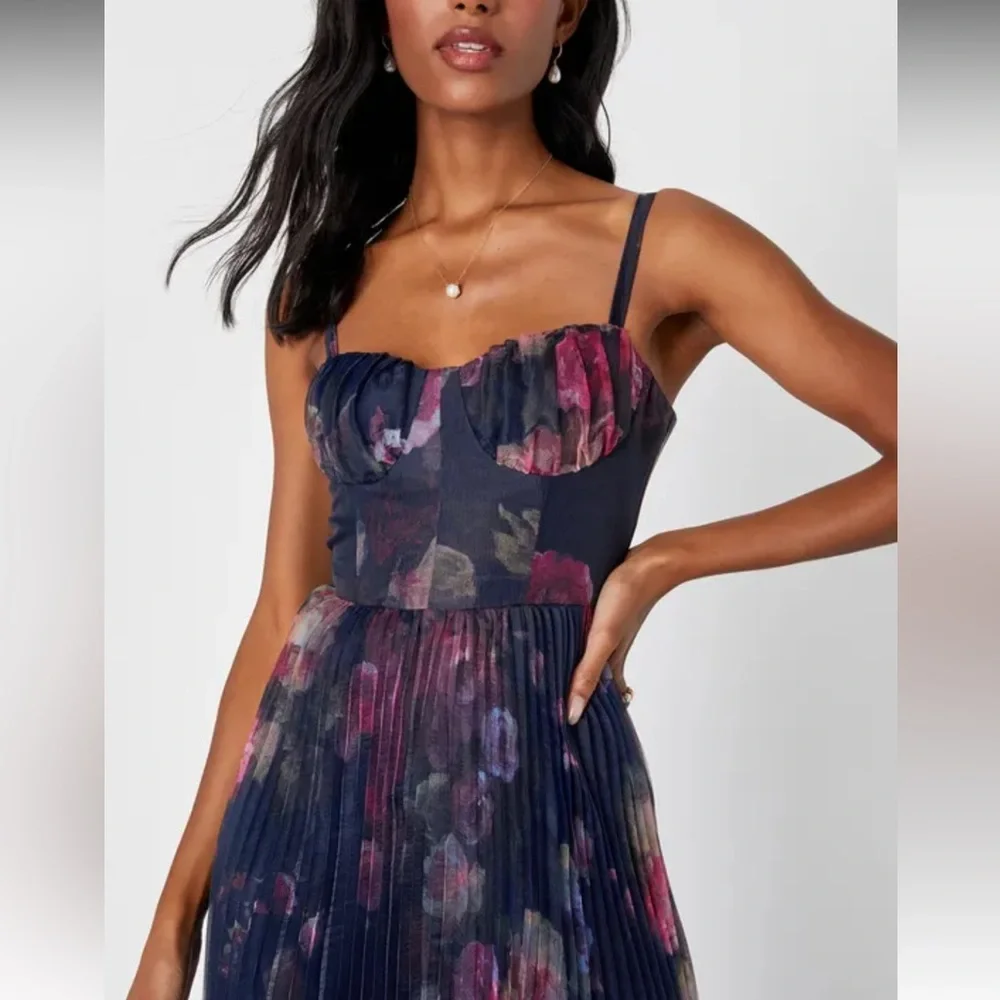 ππ©· Lulus Alluring Invite Midnight Blue Floral Pleated Bustier Dress - XL ππ©· - Picture 2 of 10